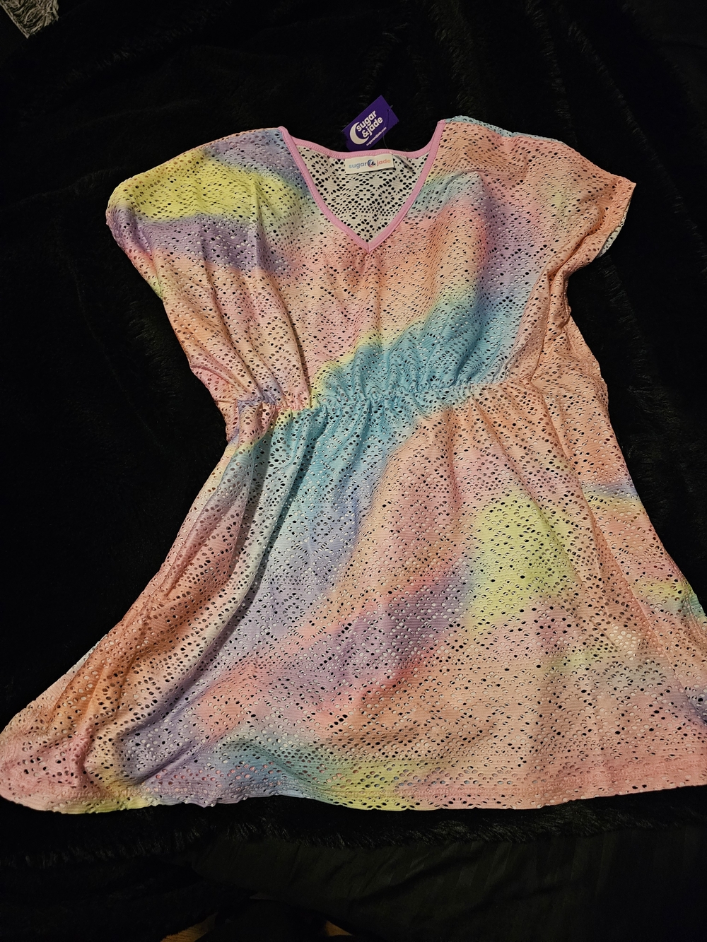 Kids Rainbow Pastel Eyelet Swim Coverup - Multicolor